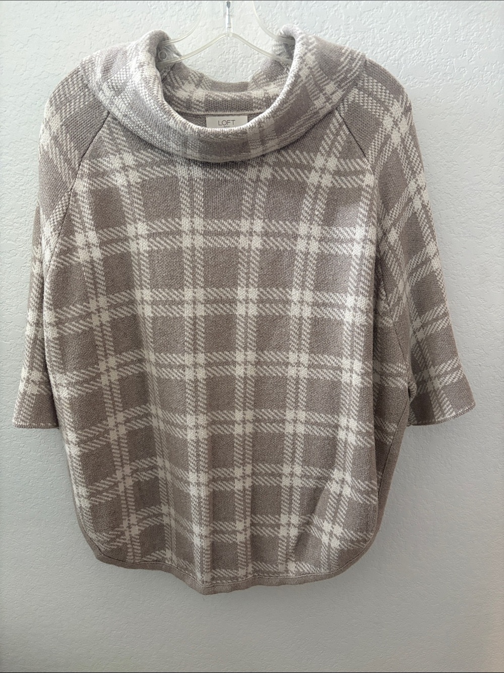 LOFT Taupe and Cream Plaid Cowl Neck Sweater